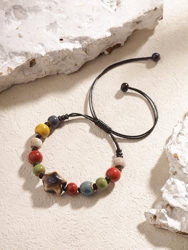 MINACHI Bohemian Colorful Ceramic Bead Adjustable Leather Bracelet, Boho Hippie Summer Jewelry Gift for Women - color: S06