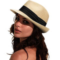 DRESHOW Women Straw Sun Hat Short Brim Panama Travel Fedora Summer Hat Roll Up Beach Cap for Women UPF 50+ - color: Beige Fa