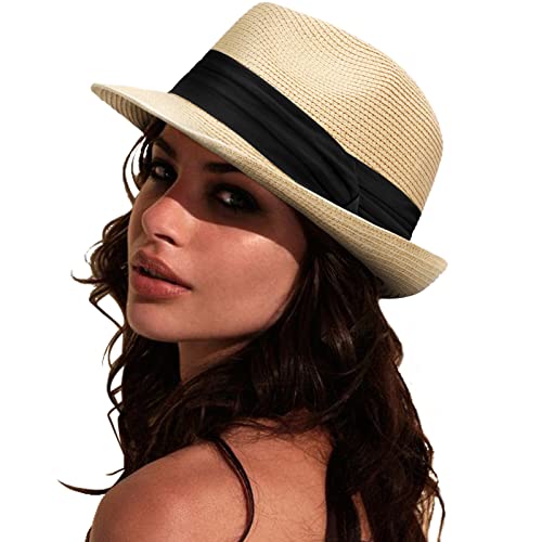 DRESHOW Women Straw Sun Hat Short Brim Panama Travel Fedora Summer Hat Roll Up Beach Cap for Women UPF 50+ - color: Beige Fa
