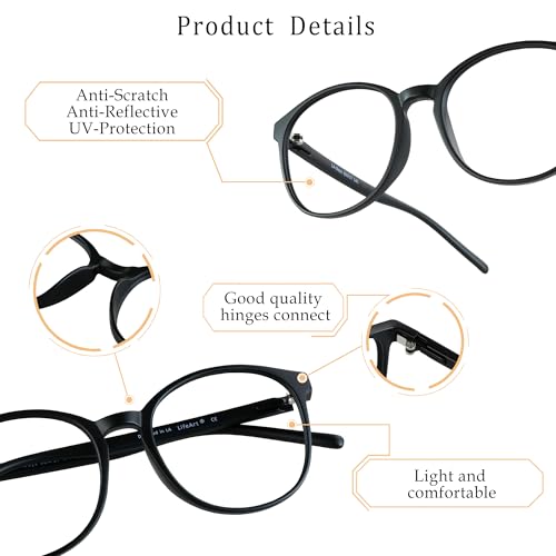 LifeArt Round Blue Light Blocking Glasses, Computer Glasses, Gaming Glasses, TV Glasses for Women Men (Black, No Magnification) - color: 05_days_black, size: +0.00(No Magnification)
