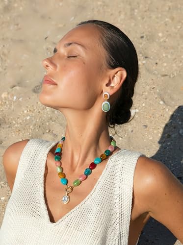 Multicolor Irregular Beaded Necklace for Women Chunky Resin Oval Bead Choker with Cubic Zirconia Pendant Summer Beach Mothers Day Gifts - color: XL23350A