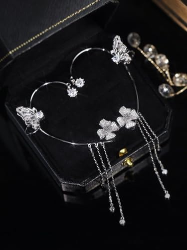 2Pcs Rhinestone Butterfly Earrings Ear Cuffs Non-Pierced Fake Earrings Butterfly Climber Wrap Around Earring Dainty Adjustable Ear Clip Jewelry for Women - color: Style2-silver