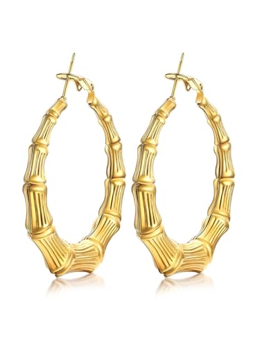 KeyStyle Bamboo Hoop Earrings for Women, Stainless Steel 90s Hoops Earring Lightweight Loops for Party, 2 mm Thick Hypoallergenic Vintage Circle Endless Thin Hoop (40mm, 60mm, 80mm,) - color: 14K Plated Gold-40mm
