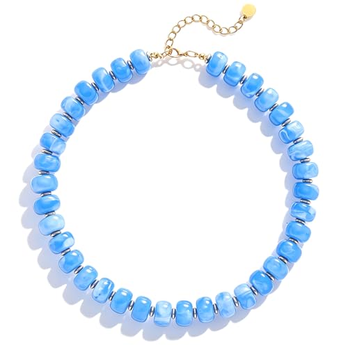 Chunky Colorful Beaded Necklaces for Women Big Bead Boho Choker Necklace Trendy Heart Statement Necklace Summer Beach Jewelry Mothers Day Gifts for Mom Daughter - color: Round Sky-blue Beads
