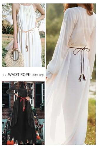 TeeYee Waist Belt Woven Knitted Rope/Chain PU leather 3 Pieces Tassel Rope Skinny Belt - color: 257redkakicoffee