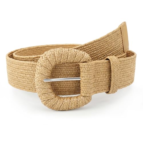Straw Woven Elastic Belt for Women Stretchy Boho Braided Waist Belt Rattan Belts for Dress