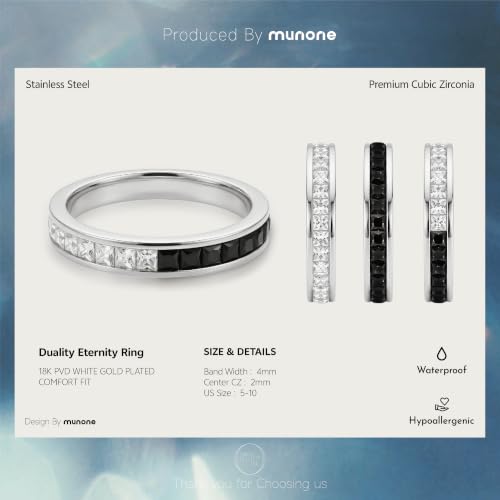 Channel Set Cubic Zirconia Eternity Band Rings for Women Men | 18k Gold Plated Cubic Zirconia,Minimalist Non Tarnish Hypoallergenic Wedding Band Stackable Ring - color: Black & White-4mm