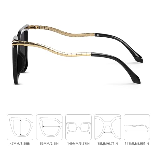 DrRelax Big Square Sunglasses Womens Retro Polarized Sun Glasses with Metal UV 400 Protection - color: Black/ Grey