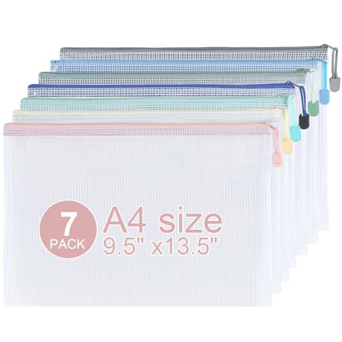 7 Pack Mesh Zipper Pouch Bags, A4 Plastic Zipper Bags,Waterproof File Pouches for Office Supplies, Travel, Storage, Puzzles & Board Games