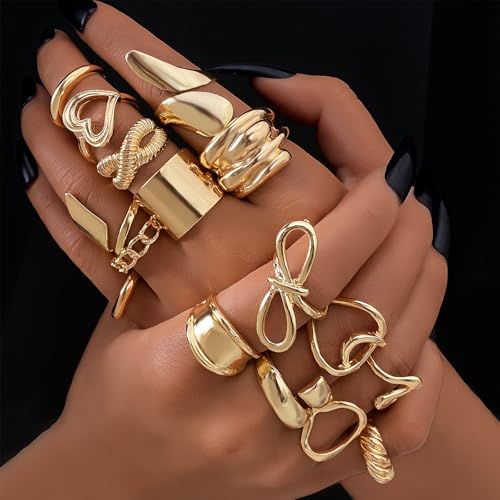 IFKM Gold Chunky Rings Set for Women 14k Gold Plated Thick Dome Stackable Open Rings Trendy Dainty Minimalist Jewelry Gifts - color: Gold, style: Geometric metal wind