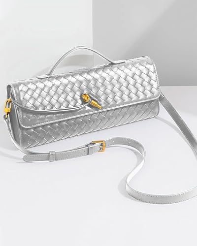 NEWBELLA Handwoven Women's Clutch Purse, Crossbody Bag with Adjustable Strap for Evening & Casual Use - color: Sliver