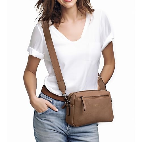 Alldaily Small Triple Zip Crossbody Purse for Women, Vegan Leather Phone Bag with Wide Shoulder Strap - color: Beige