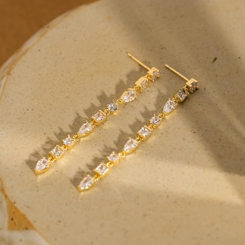 LLWOM 14K Gold/White Gold Plated CZ/Flower/North Star/Leaf Dangle Drop Earrings Studs for Women, Statement Earrings for Wedding Party Prom, Hypoallergenic Jewelry Gift - color: Gold CZ