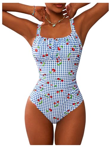 BEAUDRM Women's Boho Floral Print One Piece Swimsuit Y2K Bathing Suits Swimwear Beachwear - color: Blue Cherry, size: Large