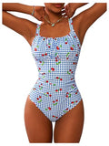 BEAUDRM Women's Boho Floral Print One Piece Swimsuit Y2K Bathing Suits Swimwear Beachwear - color: Blue Cherry, size: Small