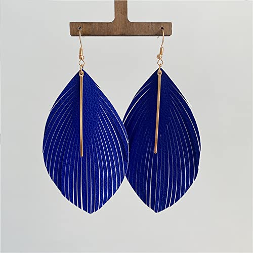 Minimalist Handmade Lightweight Large Soft Faux Leather Fringe Feather Dangle Drop Earrings Bohemian Huge Leaf Hook Earrings with Bar for Women - color: Blue
