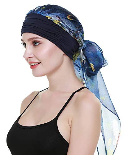 Chemo Headwear Turbans for Women Long Hair Head Scarf Headwraps Cancer Hats - color: Denim Blue