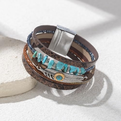 FANCY SHINY Turquoise Boho Leather Bracelet Stackable Chunky Wrap Bangle Bracelets Cowboy Cowgirl Chic Western Jewelry Gift for Women - color: Brown