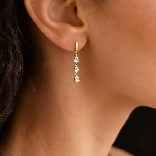 Gold Earrings for Women Trendy, Simple Dainty 14K Gold Plated Paperclip Square Chain Link Dangle Hoops Earrings Pin Stud Huggie Earrings Lightweight Hypoallergenic Minimalist Aesthetic Gold Jewelry for Christmas Gifts - color: cz hoop dangle-gold