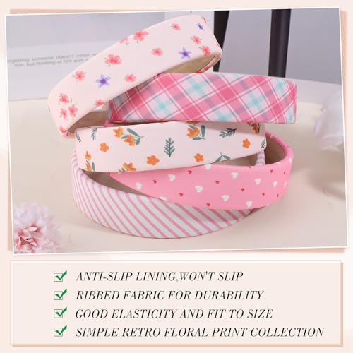 obeoby Pink Stripe Headbands for Girls Gift, 1 inch Wide Trendy Headband Non Slip for Everyday Styling Casual Outings(5Pcs) - color: Floral series