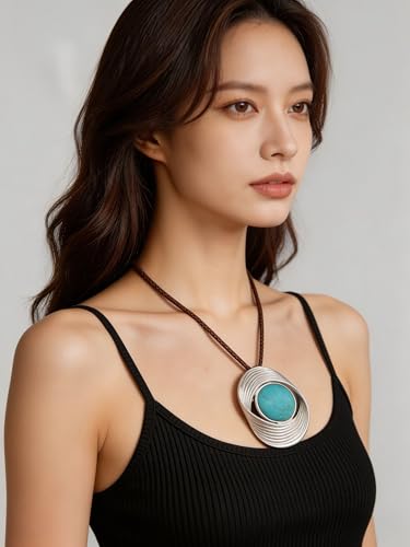 Kelake Leather Necklace for Women Men Teen Vinatge Boho Alloy Pendant Choker Jewelry Fashion Sweater Necklaces with Adjustable Genuine Leather Chain - color: Blue Turquoise Silver Swirl Pendant