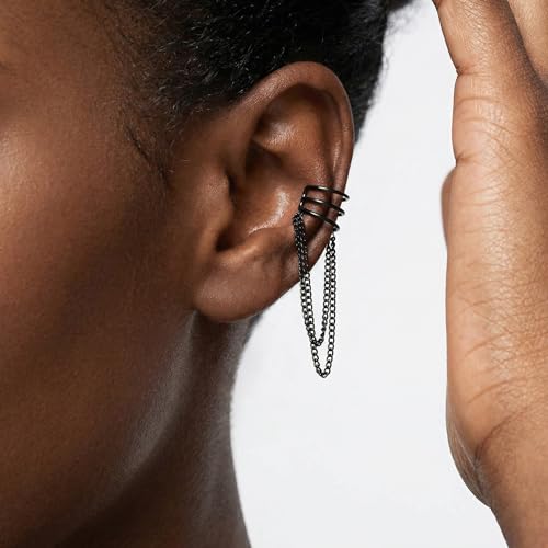 SLUYNZ 925 Sterling Silver No Piercing Cuff Earrings Chain for Women Wrap Earrings Tassel Clip On Ear - color: Black Gold Plated