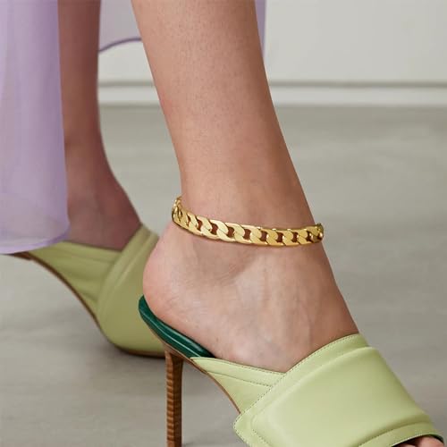 KissYan Gold Ankle Bracelets for Women, 14K Gold Anklets Chunky Cuban Link Chain Summer Beach Foot Jewelry Gifts for Women - color: Flat Cuban-Gold