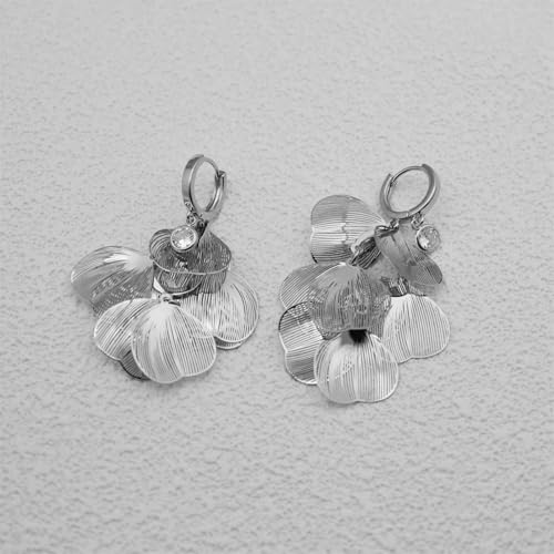 Boho Flower Layered Floral Leaf Drop Dangle Earring For Women,Metal CZ Gold Lightweight Flower Bohemian Gold Petal Exaggerated Jewelry Earrings For Women Brides Party Prom Wedding - color: White Gold