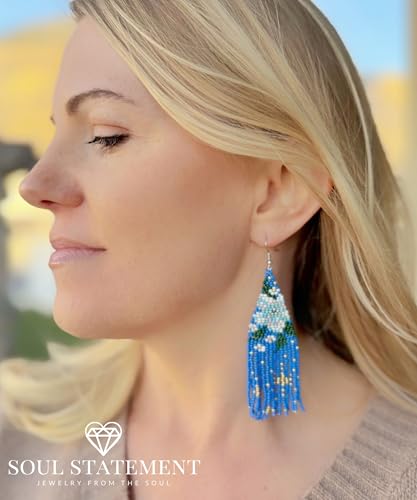 Long Beaded Earrings for Women, Statement Tassel Dangling Earrings, Native American Jewelry Boho Country Colorful Flower Moon Bead Gifts - style: Lunar Cascade