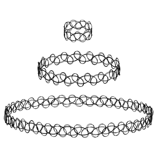 BodyJ4You 3PC Tattoo Choker Set Necklace Bracelet Ring - 90s Necklace 2000s Y2K Fashion Vintage - Stretchy Elastic Neck Lace Women's - Gothic Black Multicolor Rainbow - Classic Fashion Trend - color: Black