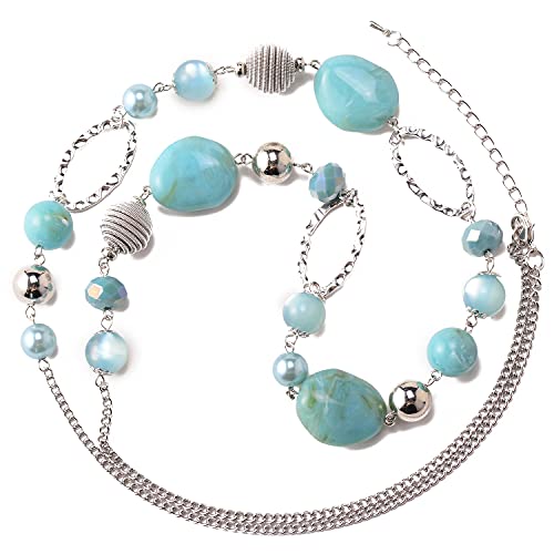 BULINLIN Beaded Long Necklace for Women Silver Sweater Chain Necklace with Crystal Resin Beads, Fashion Jewelry Necklace - color: Turquoise