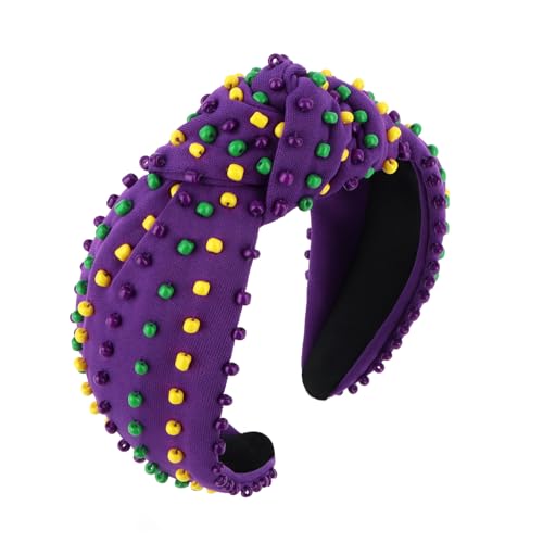 YISSION Mardi Gras Knotted Beaded Wide Headband for Adults - Purple Green Yellow Festival Hair Accessory for Parade, Costume Party & Celebration - color: Purple,Yellow,Green