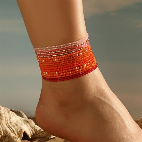 Boho Stackable Seed Beaded Bracelets for Women 18-20Pcs Colorful Handmade Multilayered Rice Bead Bracelet Set Summer Beach Bohemian Jewelry Gift - color: B-Orange(larger)