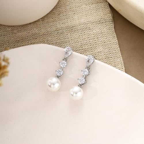 Pearl Earrings for Women Dainty Diamond Pearl Drop Earrings 14k Gold Plated Dangle Earrings for Women Weddings Gifts Bridesmaid Gifts - color: C-silver pearl earrings