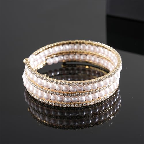 Silver Pearl Bracelet for Women Sparkly Stretch Rhinestone and Pearls Bangle Cuff Adjustable Faux Diamond CZ Bracelets Bling Wedding Costume Jewelry - color: Gold-5Row