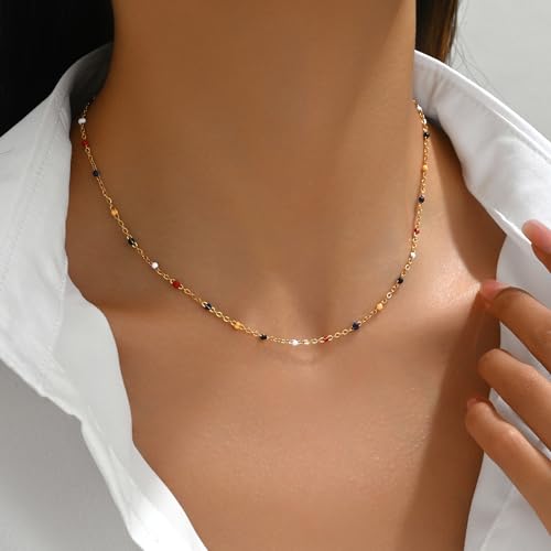 NONAMOIS Gold Chain Necklace for Women Dainty 18K Gold Plated Thin Satellite Beaded Turquoise Necklace Simple Layered Boho Jewelry Christmas Gifts - color: Colorful Beads-Gold