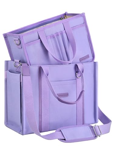 FIORETTO Women’s Canvas Tote Bag Purse with Zipper, Multi Compartment & Reinforced Bottom, Ideal for Work, Bible, Travel - color: Purple, size: Medium, style: Detachable Organizer