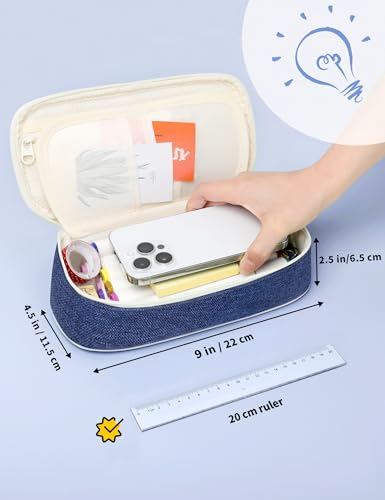 SUNEE Cute Pencil Case, Aesthetic Pen Pouch, Colored Large Pencil Bag with Zipper, Kawaii Stationery Storage and Organizer, School Supplies for Teen and Adult Girls, Navy Blue - color: Navy Blue