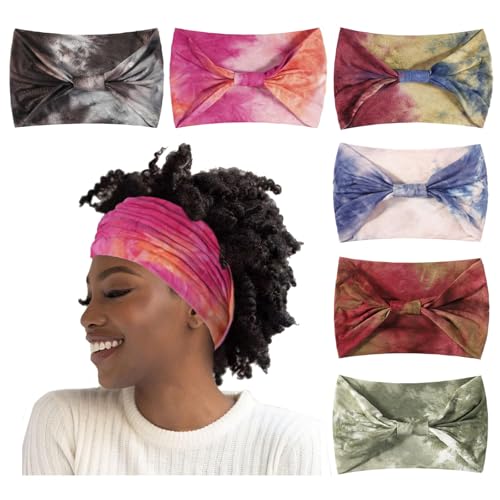 Artilady 7'' Wide Headbands for Women Tie Dye - Large Soft Cloth Headwrap Elastic Stretchy Head Bands Boho Turban Hair Bands Non Slip Hair Accessories 6 PCS - color: Tie-dye