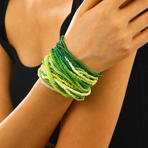 17pcs Bohemian Stackable Multilayer Elastic Bracelets - Handmade Seed Beaded Jewelry for Women & Girls - color: 30Pcs Green