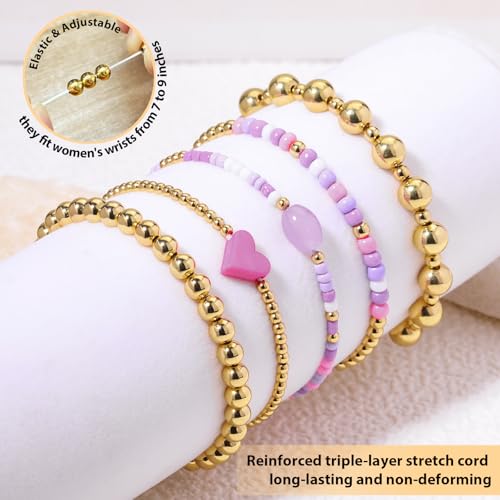 Gold Beaded Bracelets for Women: 14K Gold Bracelets for Women Trendy Dainty Gold Ball Bracelet Stack for Womens - Boho Stretch Bracelets Jewelry Sets with Cross Fashion Accessories Gifts for Women - style: Pink Heart