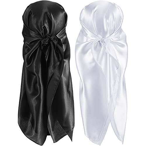 SATINIOR 35 Inch Silky Head Scarf 2 Pcs Large Square Neck Scarf Sleeping Hair Wrapping Satin Bandana for Women - color: Black, White, style: Classic