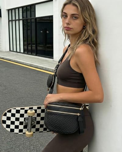 Valentoria Large Woven Leather Crossbody Bags for Women Checkered Bum Bag Sling Bag Purse Adjustable Strap Detachable Wallet | Woven - color: Black Checkered