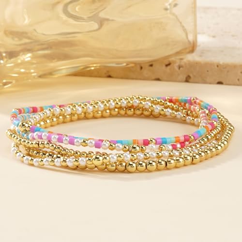 14K Gold Plated Beaded Bracelets Stack Set for Women,Stretch Boho Colorful Beads Ball Jewelry Friendship Summer Trendy - color: Pink