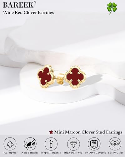 Elegant Black Onyx Clover Stud Earrings, 14K Gold Plated Four Leaf Hypoallergeinc Stud Stainless Steel Flower Earring Lucky Simple Jewelry Gift for Women Shiny Multiple Onyx Colors - color: Wine Red
