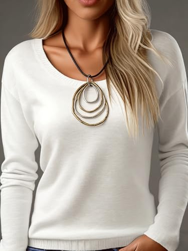 PU Leather Necklace Vintage Boho Style Multilayer Pendant Long Sweater Necklace Jewelry for Women Men with Adjustable Leather Cord - color: Gold Silver 4 Circles Necklace