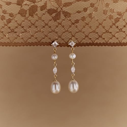Pearl Earrings for Women, 14k Gold Plated Trendy Diamond Pearl Drop Earrings Hypoallergenic Dainty Bridal Gifts Wedding jewelry for Women - color: G - Gold