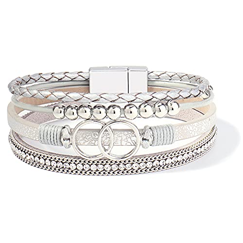 FANCY SHINY Boho Leather Wrap Bracelet Stackable Infinity Chunky Cuff Bracelets Western Hippie Outfits Jewelry Valentine Gifts for Women - color: Silver