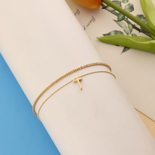 Ankle Bracelets for Women Gold Silver Layered Glitter Anklet for Women Waterproof Beach Cross Anklet Set Dainty Summer Foot Jewelry - color: Gold Cross Layered
