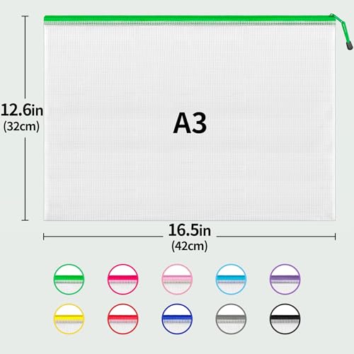 JARLINK A3 (16.5x12.6 in, 24 Pcs) Mesh Zipper Pouch, 12 Colors Extra Large Zipper Bags, Waterproof File Pouches for Office Supplies, Puzzles, Board Game, School, Travel Accessories & Craft Projects - style: 24pcs